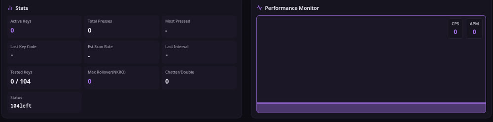 Key Test stats panel - active keys, total presses and scan rate